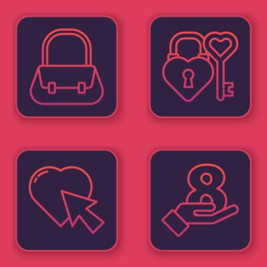 El çantası, Kalp ve imleç tıkırtısı, Kale ve anahtar kalp şeklinde ve 8 Mart hazırda. Mavi kare düğme. Vektör.