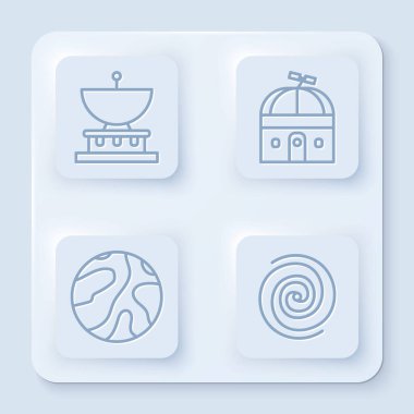 Satürn Gezegeni, Astronomik Gözlemevi, Kayan yıldızlar ve Kara Delik. Beyaz kare düğme. Vektör.