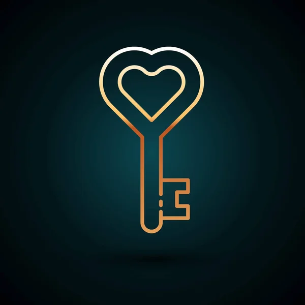 Χρυσή Γραμμή Κλειδί Σχήμα Καρδιάς Εικονίδιο Που Απομονώνεται Σκούρο Μπλε — Διανυσματικό Αρχείο