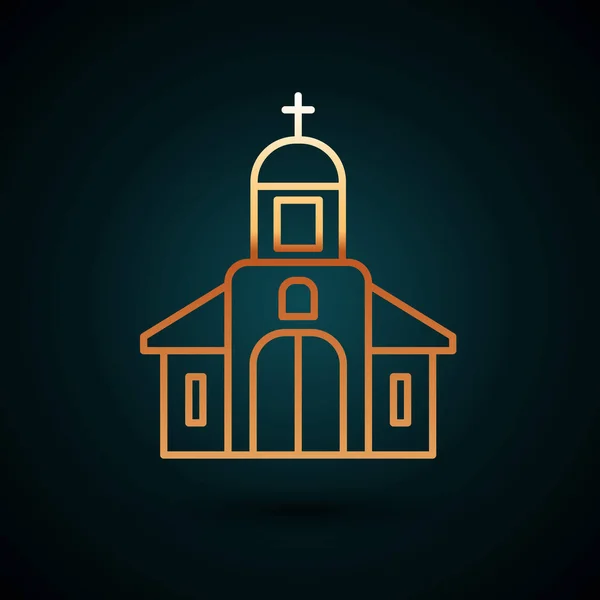 Gold Line Church Building Icon Isolated Dark Blue Background Christian — Stock Vector