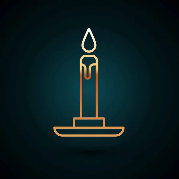 Gold Line Burning Candle Candlestick Icon Isolated Dark Blue Background — 스톡 벡터