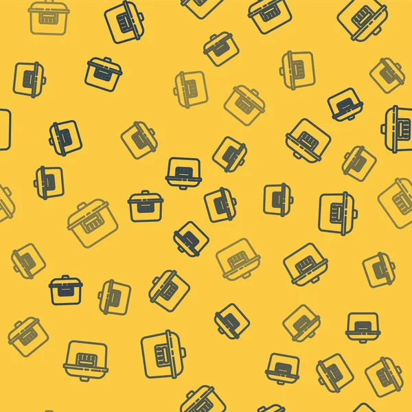 蓝线慢锅图标隔离无缝图案的黄色背景 — 图库矢量图片