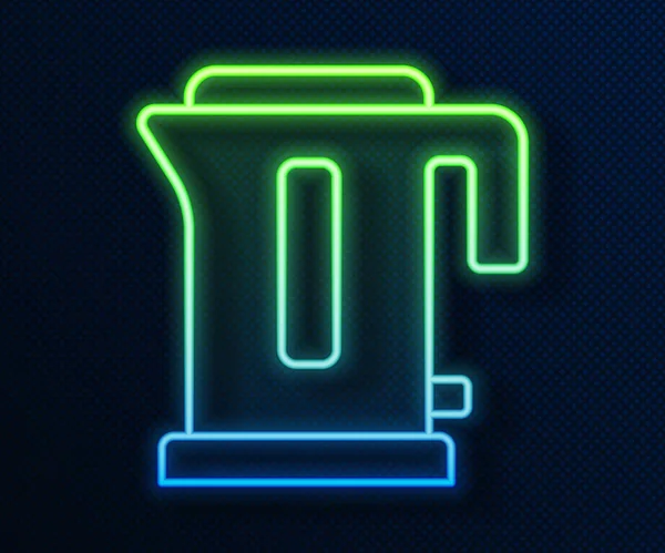 Parlayan neon hattı. Mavi arka planda elektrik ısıtıcısı simgesi izole edildi. Çaydanlık ikonu. Vektör.