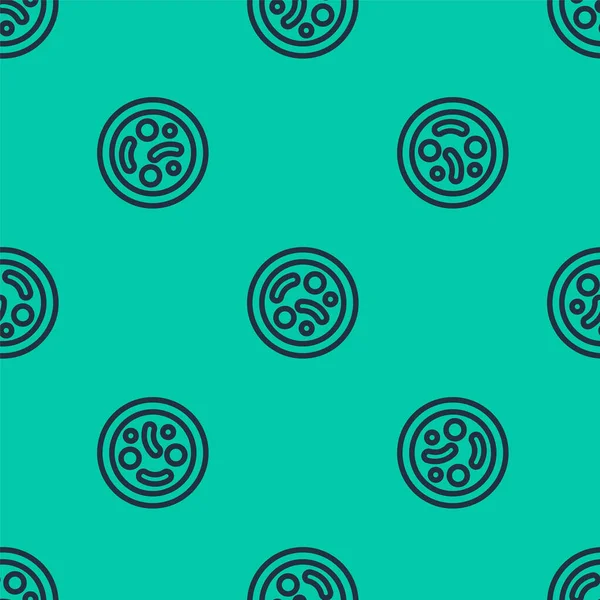 Mavi çizgi bakteri simgesi yeşil arka planda izole edilmiş kusursuz desen. Bakteriler ve mikroorganizmalar, sebep olan mikroorganizma hastalıkları, hücre kanseri, mikrop, virüs, mantar. Vektör.