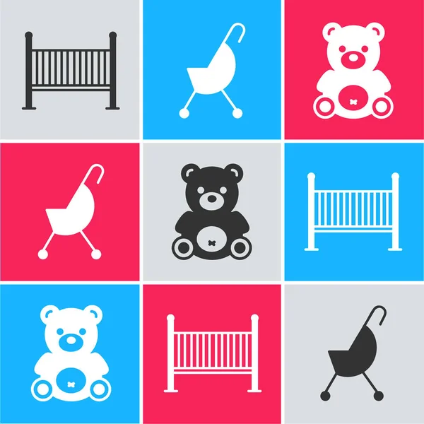 Set Babybett Kinderwagen Und Teddybär Plüschtier Ikone Vektor — Stockvektor