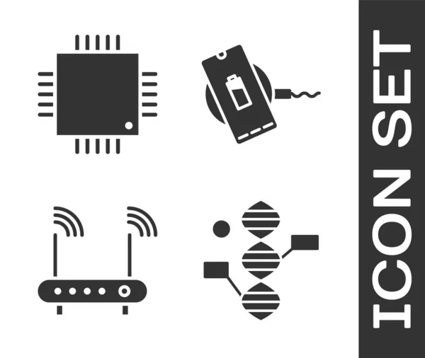 Définir Symbole Adn Processeur Avec Microcircuits Cpu Routeur Signal Icône — Image vectorielle