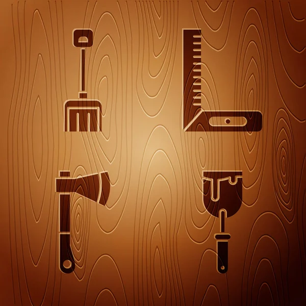 把普蒂刀 木斧和角尺放在木制背景上 — 图库矢量图片
