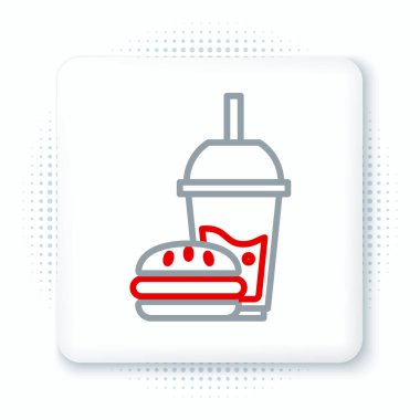 Beyaz arka planda izole edilmiş kamış ve burger ikonu içen çizgi kağıt bardak. Soda su içme tabelası. Hamburger, çizburger sandviçi. Renkli taslak konsepti. Vektör.