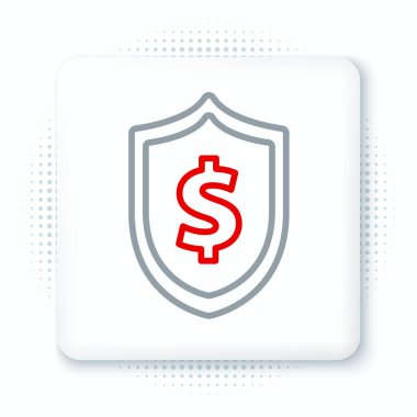 Dolar sembollü çizgi kalkanı beyaz arkaplanda izole edilmiş. Güvenlik kalkanı koruması. Para güvenliği konsepti. Renkli taslak konsepti. Vektör.