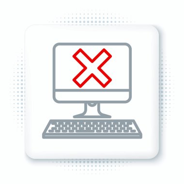 Klavye ve x işareti simgesine sahip satır bilgisayarı beyaz arkaplanda izole edildi. Hata penceresi, çıkış düğmesi, iptal, 404 hata sayfası konsept bulunamadı. Renkli taslak konsepti. Vektör.