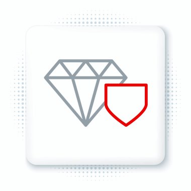 Beyaz zemin üzerinde kalkan simgesi olan çizgi elmas. Mücevher sigortası konsepti. Güvenlik, güvenlik, koruma, konsept koruma. Renkli taslak konsepti. Vektör.