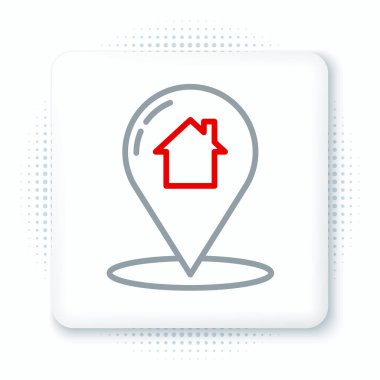 Beyaz arkaplanda ev simgesi olan çizgi haritası işaretçisi. Ev konumu belirleyici sembol. Renkli taslak konsepti. Vektör.