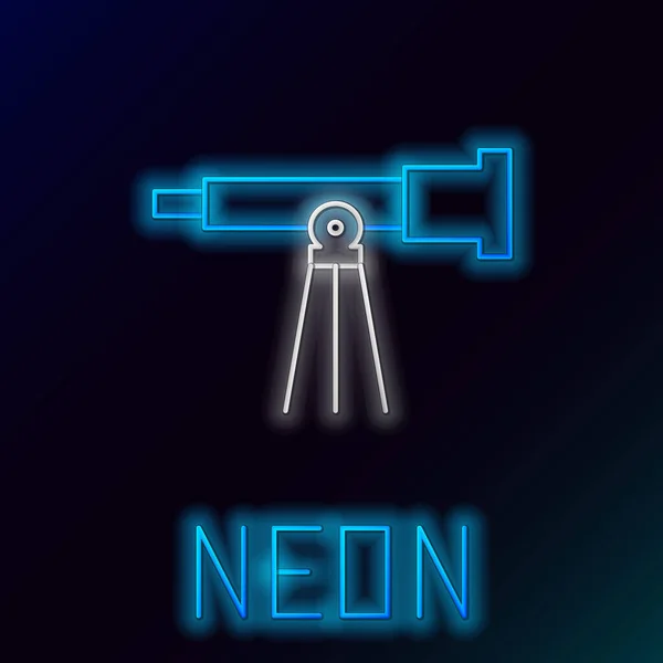 Glödande Neon Line Teleskop Ikon Isolerad Svart Bakgrund Vetenskapligt Verktyg — Stock vektor