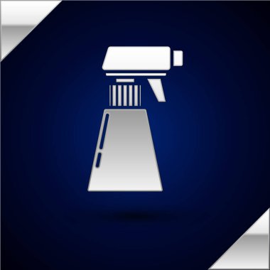 Gümüş Kuaför tabanca sprey şişesi koyu mavi arka planda izole edilmiş su ikonu. Vektör İllüstrasyonu.