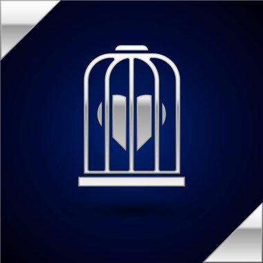Kuş kafesi ikonundaki gümüş kalp koyu mavi arka planda izole edilmiş. Aşk işareti. Sevgililer Günü sembolü. Vektör İllüstrasyonu.