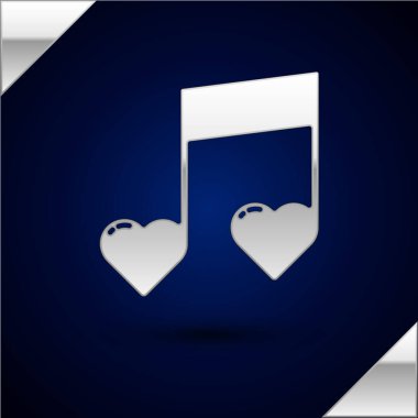 Gümüş Müzik Notası, koyu mavi arkaplanda izole edilmiş kalpler simgesi olan ton. Sevgililer Günü. Vektör İllüstrasyonu.