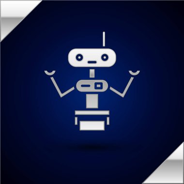 Gümüş Robot simgesi koyu mavi arkaplanda izole edildi. Vektör İllüstrasyonu.