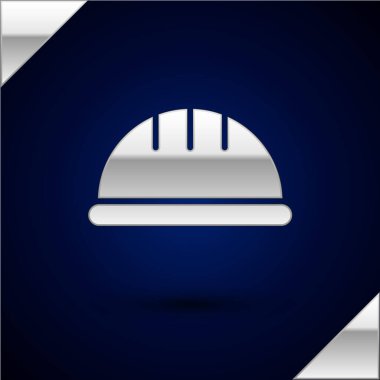 Gümüş İşçi Kaskı simgesi koyu mavi arka planda izole edildi. Vektör İllüstrasyonu.