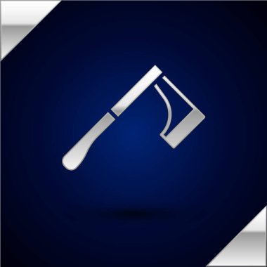 Gümüş ahşap balta simgesi koyu mavi arkaplanda izole edilmiş. Oduncu baltası. Vektör İllüstrasyonu.