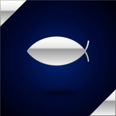 Koyu mavi arka planda izole edilmiş gümüş Hristiyan balık sembolü. İsa 'nın balık sembolü. Vektör İllüstrasyonu.