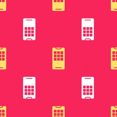 Sarı Akıllı Telefon, cep telefonu simgesi kırmızı arkaplanda izole edilmiş kusursuz desen. Vektör İllüstrasyonu.