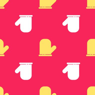 Sarı fırın ikonu kırmızı arka planda izole edilmiş pürüzsüz desen. Mutfak tutacağı işareti. Yemek eldiveni. Vektör.