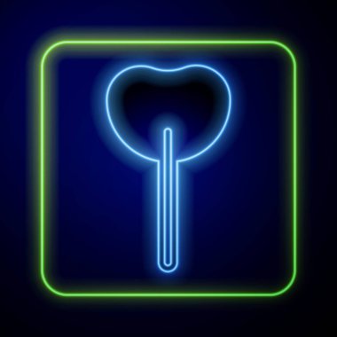 Parlayan neon lolipop simgesi mavi arkaplanda izole edildi. Yemek, lezzetli bir sembol. Vektör.