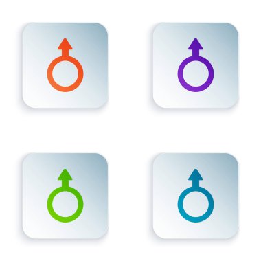 Beyaz arkaplanda izole edilmiş renkli erkek cinsiyet simgesi. Kare düğmelere renkli simgeleri yerleştir. Vektör.