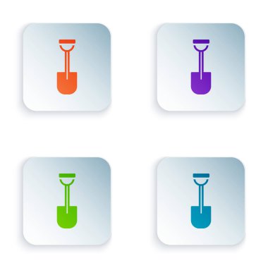 Renkli Kürek simgesi beyaz arkaplanda izole edildi. Bahçe aletleri. Bahçecilik, tarım, çiftçilik aleti. Kare düğmelere renkli simgeleri yerleştir. Vektör.