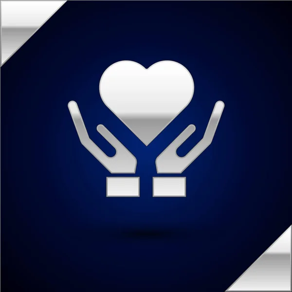 Silver Heart Hand Εικόνα Απομονώνονται Σκούρο Μπλε Φόντο Χέρι Που — Διανυσματικό Αρχείο