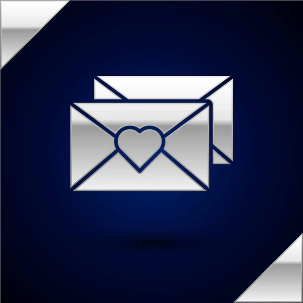 濃い青色の背景に隔離されたバレンタインハートアイコンを持つシルバーエンベロープ メッセージの愛 手紙の愛とロマンスベクトルイラストレーション — ストックベクタ