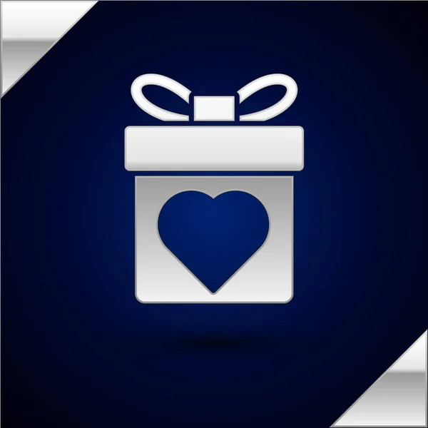 Silver Gift Box Heart Icon Isolated Dark Blue Background Valentines — Stock Vector