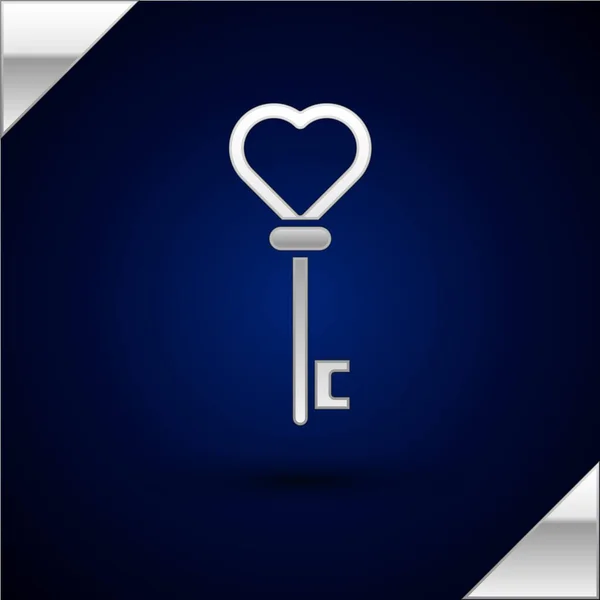 Ασημένιο Κλειδί Σχήμα Καρδιάς Εικονίδιο Που Απομονώνεται Σκούρο Μπλε Φόντο — Διανυσματικό Αρχείο
