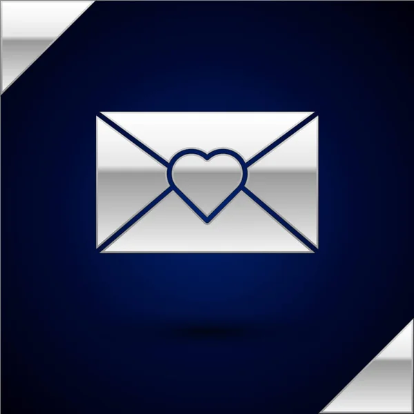 银色信封与情人节心脏图标隔离在深蓝色背景 留言爱 字母爱和浪漫 矢量插图 — 图库矢量图片