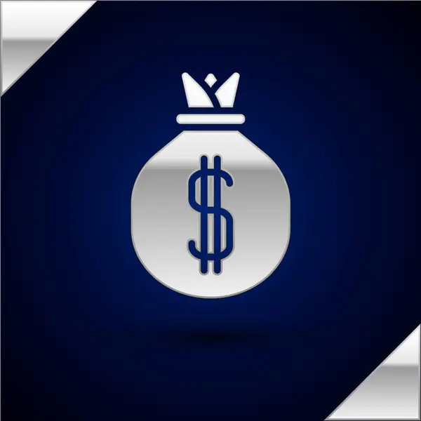 Silver Icône Sac Argent Isolé Sur Fond Bleu Foncé Dollar — Image vectorielle