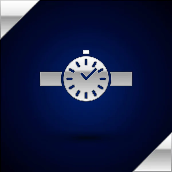 Ασημένιο Ρολόι Καρπού Εικόνα Απομονώνονται Σκούρο Μπλε Φόντο Εικονίδιο Ρολογιού — Διανυσματικό Αρχείο