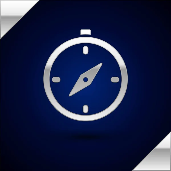 Ikona Stříbrného Kompasu Izolovaná Tmavomodrém Pozadí Navigační Symbol Windrose Vítr — Stockový vektor