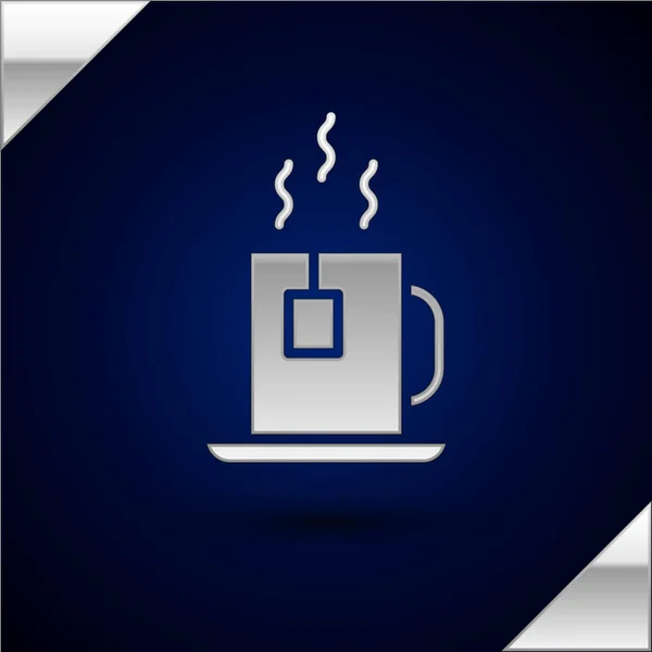 Ασημένιο Κύπελλο Του Τσαγιού Εικονίδιο Τσάντα Τσάι Απομονώνονται Σκούρο Μπλε — Διανυσματικό Αρχείο
