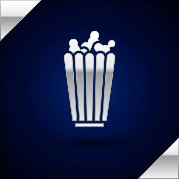 Ezüst Popcorn Kartondobozban Ikon Izolált Sötétkék Háttér Popcorn Vödör Doboz — Stock Vector