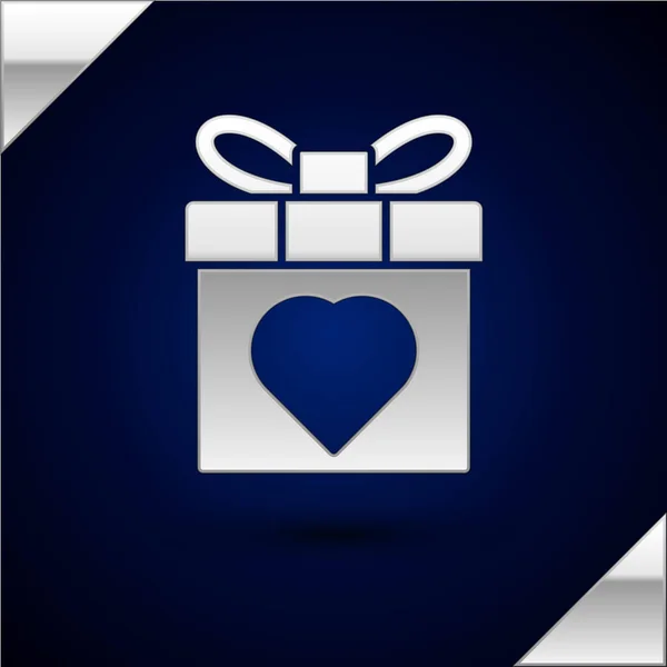 Silver Gift Box Heart Icon Isolated Dark Blue Background March — Stock Vector