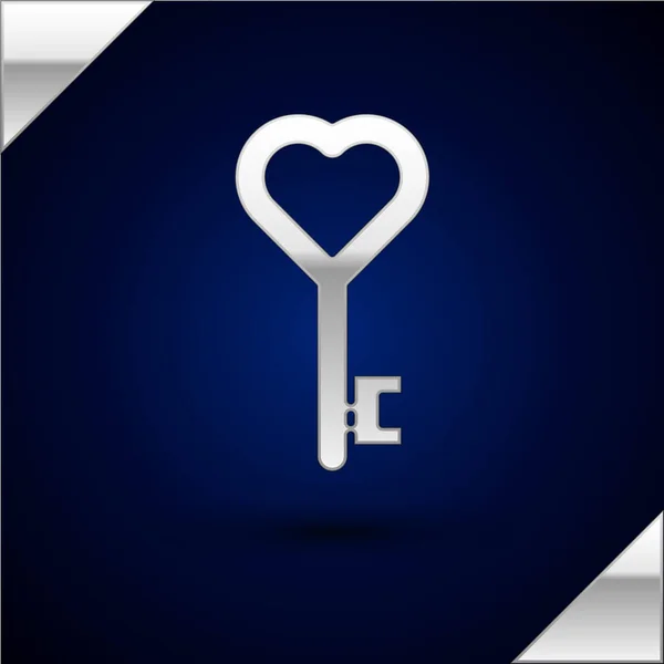 Llave Plata Forma Corazón Icono Aislado Sobre Fondo Azul Oscuro — Vector de stock