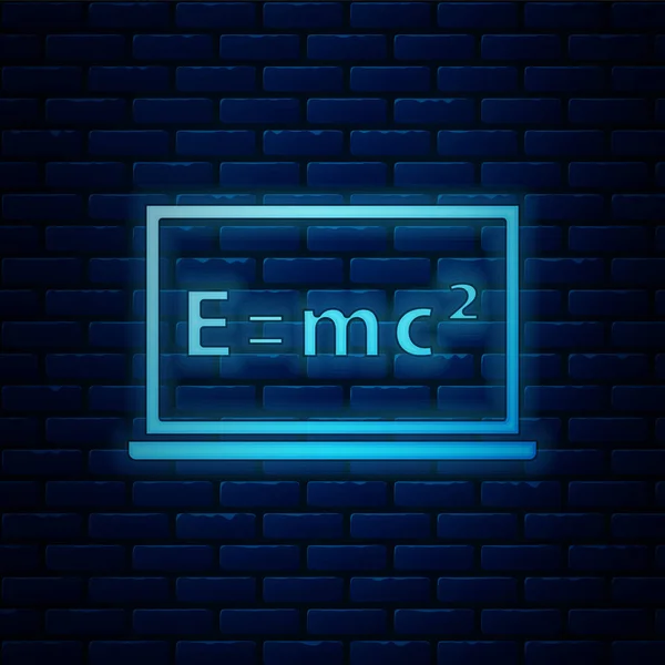 在砖墙背景上隔离的黑板图标上 使方程解的霓虹灯数学系统发光 在电脑屏幕上 E等于Mc平方方程 — 图库矢量图片