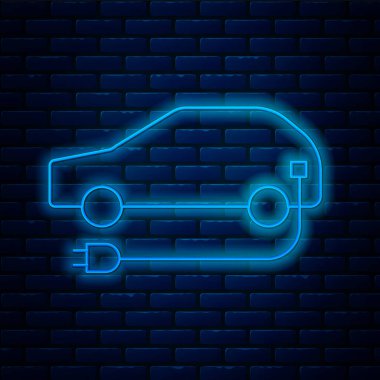 Parlak neon hattı elektrikli araba ve elektrik kablosu şarj ikonu tuğla duvar arka planında izole edilmiş. Yenilenebilir ekolojik teknolojiler. Vektör İllüstrasyonu.