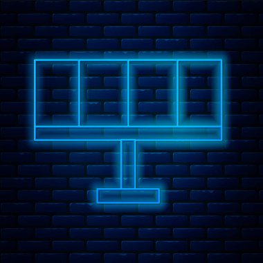 Parlayan neon hattı güneş enerjisi simgesi tuğla duvar arka planında izole edildi. Vektör İllüstrasyonu.