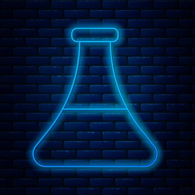 Parlayan neon hattı petrol test tüpü ikonu tuğla duvar arka planında izole edildi. Vektör İllüstrasyonu.