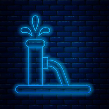 Parlayan neon hattı yağ pompası ya da pompa ikonu tuğla duvar arka planında izole edilmiş. Petrol platformu. Vektör İllüstrasyonu.
