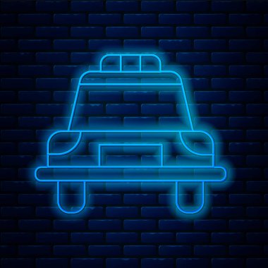 Parlak neon çizgili polis arabası ve polis teşhircisi ikonu tuğla duvar arkasında izole edilmiş. Acil durum sireni. Vektör İllüstrasyonu.