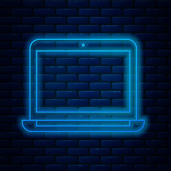 Parlayan Neon Hattı Dizüstü Bilgisayar Simgesi Tuğla Duvar Arka Planında — Stok Vektör