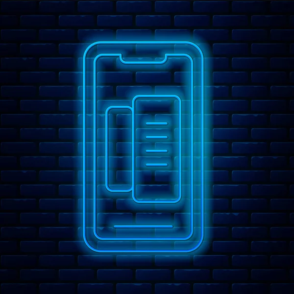 Сяюча Неонова Лінія Смартфон Значок Мобільного Телефону Ізольовано Фоні Цегляної — стоковий вектор