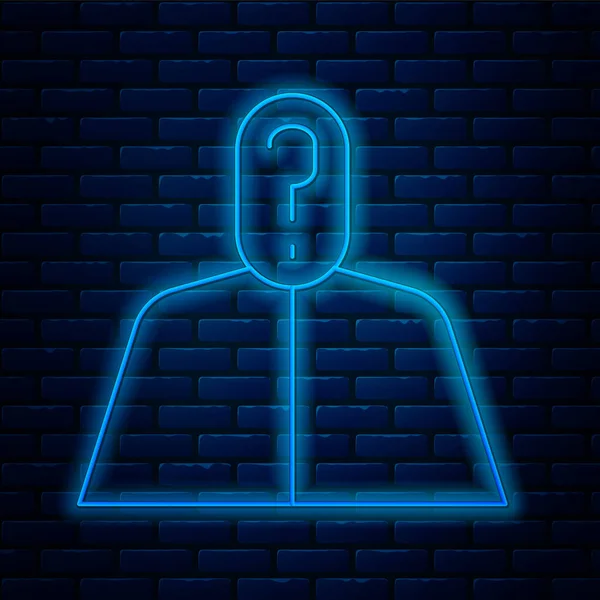 Zářící Neonová Čára Anonymní Muž Ikonou Otazníku Izolované Cihlové Zdi — Stockový vektor